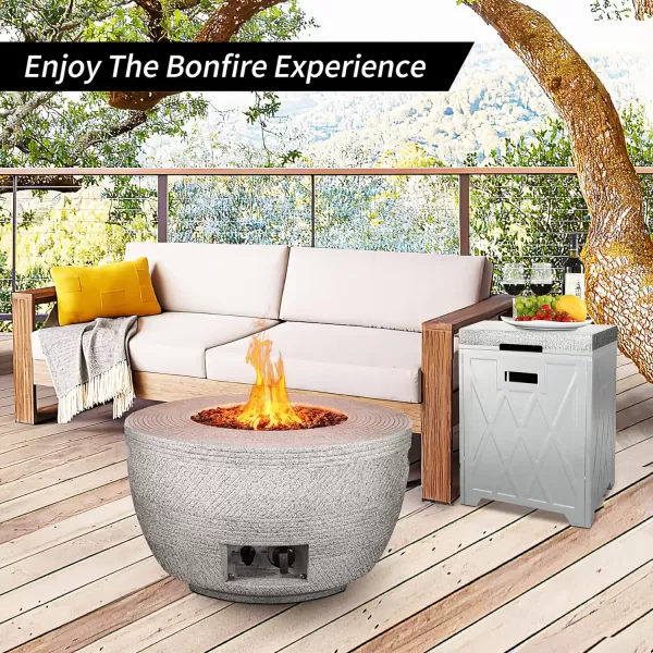 Kante 25 Inch Wide Round Biondo Concrete and Metal Outdoor Smokeless 50,000 BTU Propane Gas Fire Pit Table with Propane Tank Storage Box, Waterproof Cover and Lava Rocks 