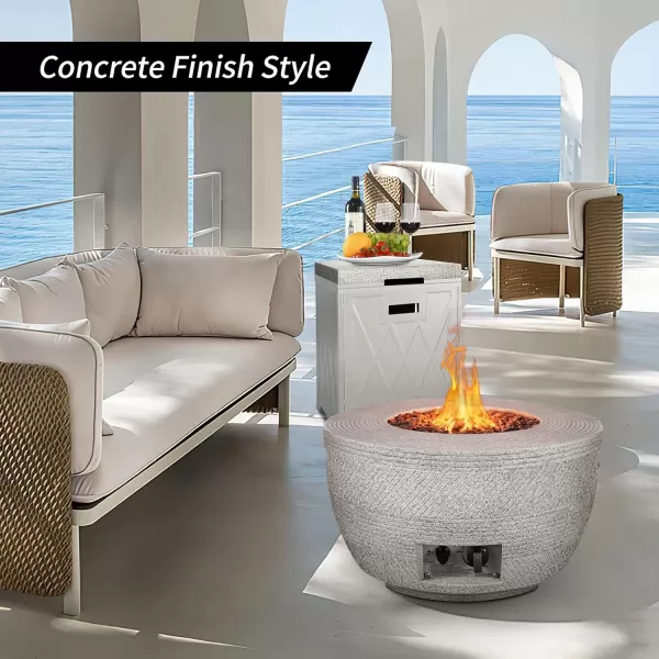 Kante 25 Inch Wide Round Biondo Concrete and Metal Outdoor Smokeless 50,000 BTU Propane Gas Fire Pit Table with Propane Tank Storage Box, Waterproof Cover and Lava Rocks 