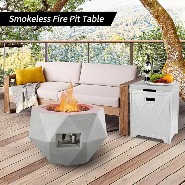 Kante 25 Inch Wide Round Biondo Concrete and Metal Outdoor Smokeless 50,000 BTU Propane Gas Fire Pit Table with Propane Tank Storage Box, Waterproof Cover and Lava Rocks 