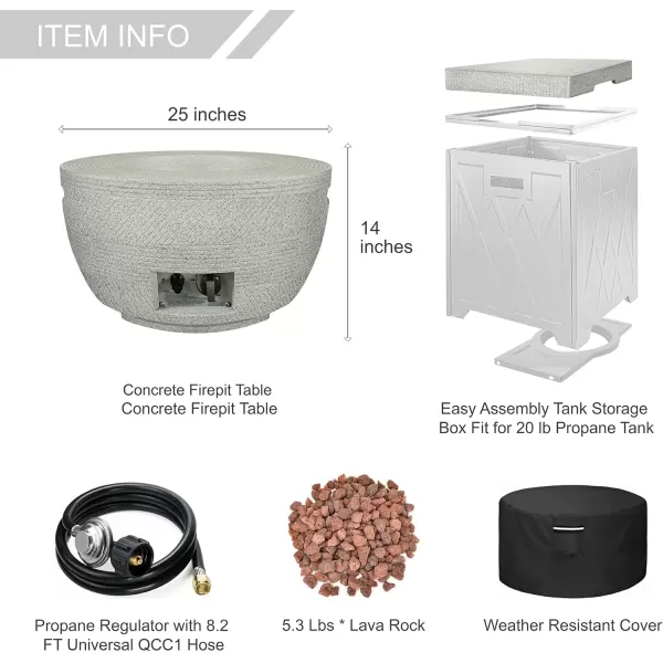 Kante 25 Inch Wide Round Biondo Concrete and Metal Outdoor Smokeless 50,000 BTU Propane Gas Fire Pit Table with Propane Tank Storage Box, Waterproof Cover and Lava Rocks 