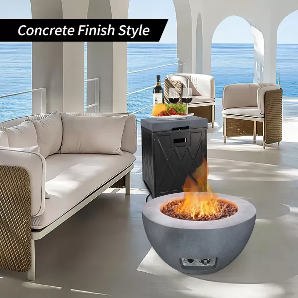 Kante 25 Inch Wide Round Biondo Concrete and Metal Outdoor Smokeless 50,000 BTU Propane Gas Fire Pit Table with Propane Tank Storage Box, Waterproof Cover and Lava Rocks 