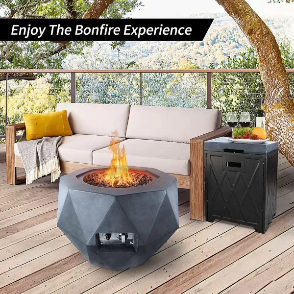 Kante 25 Inch Wide Round Biondo Concrete and Metal Outdoor Smokeless 50,000 BTU Propane Gas Fire Pit Table with Propane Tank Storage Box, Waterproof Cover and Lava Rocks 