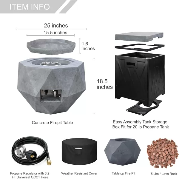 Kante 25 Inch Wide Round Biondo Concrete and Metal Outdoor Smokeless 50,000 BTU Propane Gas Fire Pit Table with Propane Tank Storage Box, Waterproof Cover and Lava Rocks 