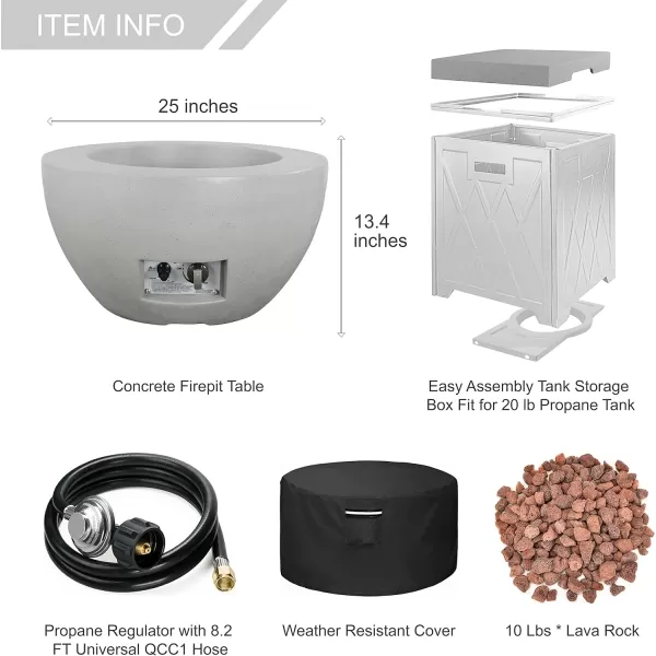 Kante 25 Inch Wide Round Biondo Concrete and Metal Outdoor Smokeless 50,000 BTU Propane Gas Fire Pit Table with Propane Tank Storage Box, Waterproof Cover and Lava Rocks 