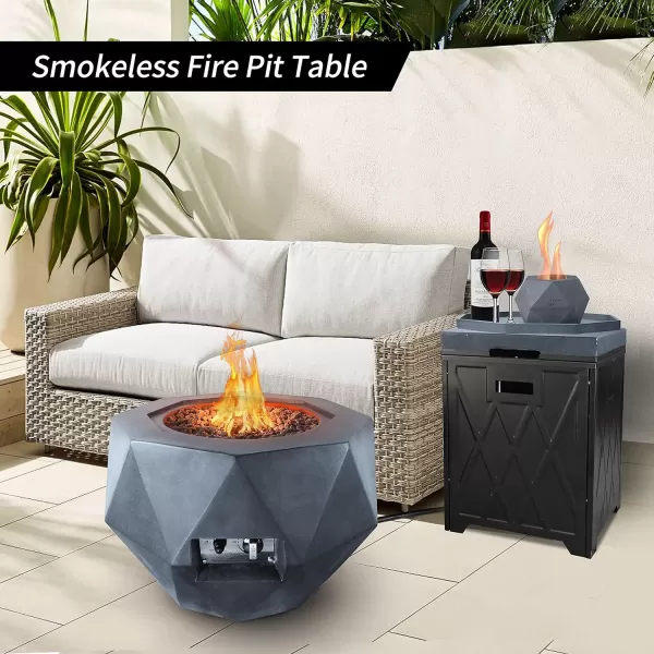 Kante 25 Inch Wide Round Biondo Concrete and Metal Outdoor Smokeless 50,000 BTU Propane Gas Fire Pit Table with Propane Tank Storage Box, Waterproof Cover and Lava Rocks 
