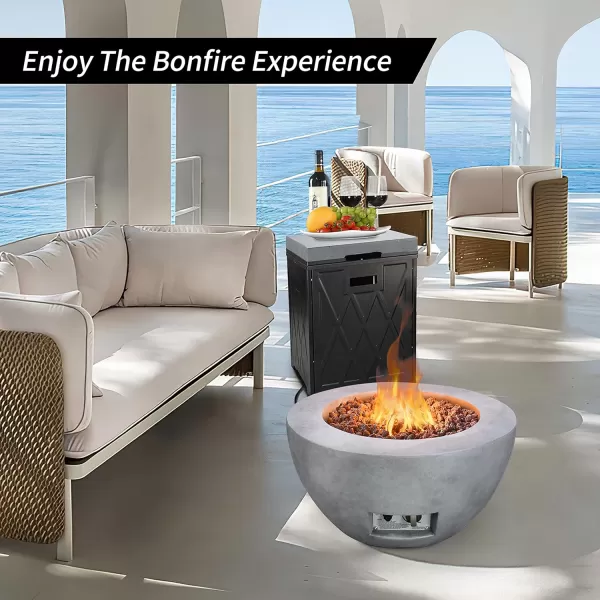 Kante 25 Inch Wide Round Biondo Concrete and Metal Outdoor Smokeless 50,000 BTU Propane Gas Fire Pit Table with Propane Tank Storage Box, Waterproof Cover and Lava Rocks 