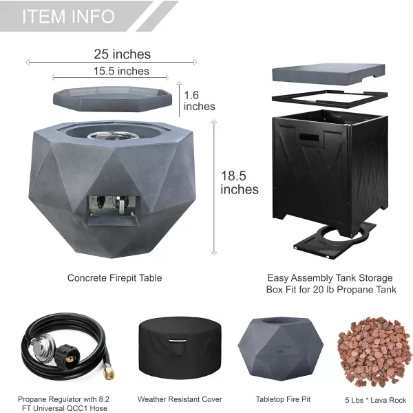 Kante 25 Inch Wide Round Biondo Concrete and Metal Outdoor Smokeless 50,000 BTU Propane Gas Fire Pit Table with Propane Tank Storage Box, Waterproof Cover and Lava Rocks 