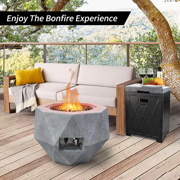 Kante 25 Inch Wide Round Biondo Concrete and Metal Outdoor Smokeless 50,000 BTU Propane Gas Fire Pit Table with Propane Tank Storage Box, Waterproof Cover and Lava Rocks 