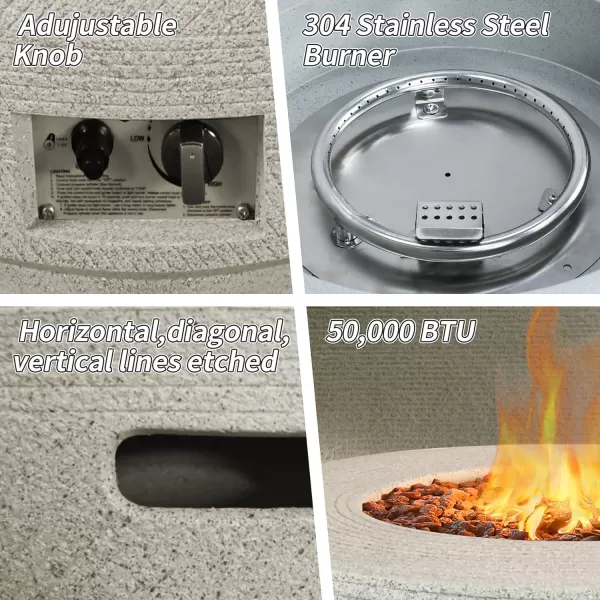 Kante 25 Inch Wide Round Biondo Concrete and Metal Outdoor Smokeless 50,000 BTU Propane Gas Fire Pit Table with Propane Tank Storage Box, Waterproof Cover and Lava Rocks 