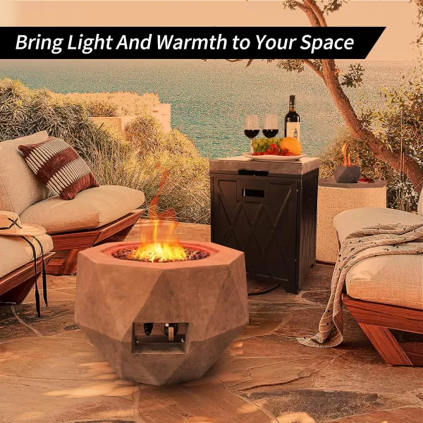 Kante 25 Inch Wide Round Biondo Concrete and Metal Outdoor Smokeless 50,000 BTU Propane Gas Fire Pit Table with Propane Tank Storage Box, Waterproof Cover and Lava Rocks 
