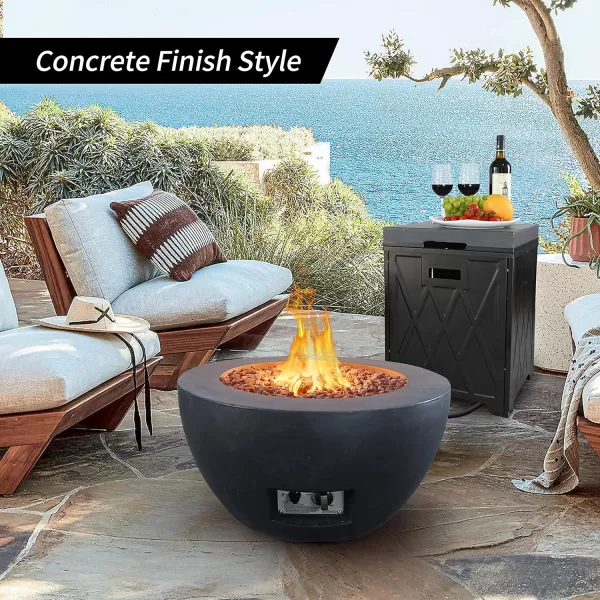 Kante 25 Inch Wide Round Biondo Concrete and Metal Outdoor Smokeless 50,000 BTU Propane Gas Fire Pit Table with Propane Tank Storage Box, Waterproof Cover and Lava Rocks 