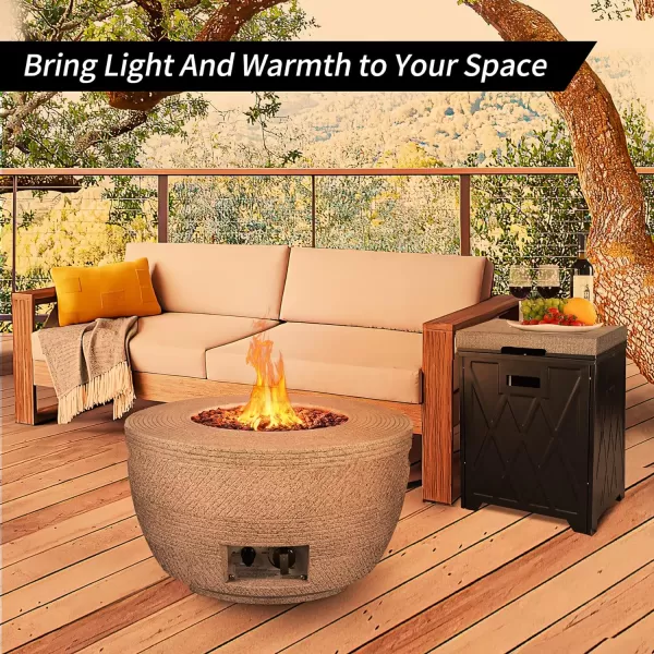 Kante 25 Inch Wide Round Biondo Concrete and Metal Outdoor Smokeless 50,000 BTU Propane Gas Fire Pit Table with Propane Tank Storage Box, Waterproof Cover and Lava Rocks 