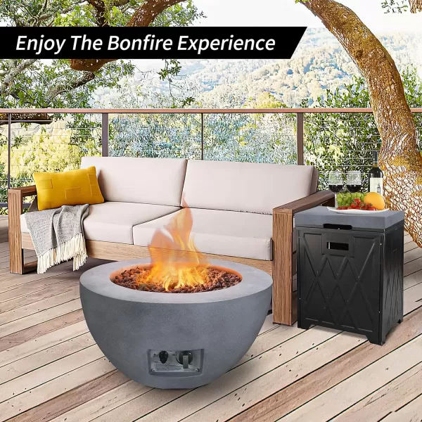 Kante 25 Inch Wide Round Biondo Concrete and Metal Outdoor Smokeless 50,000 BTU Propane Gas Fire Pit Table with Propane Tank Storage Box, Waterproof Cover and Lava Rocks 