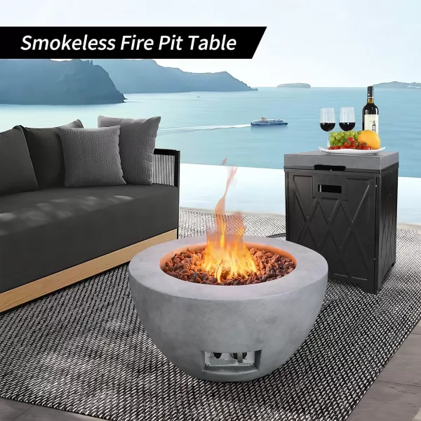 Kante 25 Inch Wide Round Biondo Concrete and Metal Outdoor Smokeless 50,000 BTU Propane Gas Fire Pit Table with Propane Tank Storage Box, Waterproof Cover and Lava Rocks 