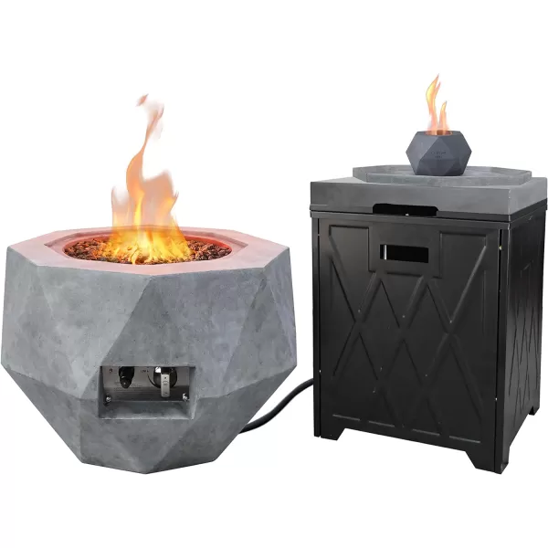 Kante 25 Inch Wide Round Biondo Concrete and Metal Outdoor Smokeless 50,000 BTU Propane Gas Fire Pit Table with Propane Tank Storage Box, Waterproof Cover and Lava Rocks 