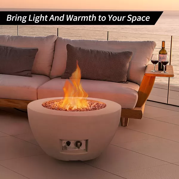 Kante 25 Inch Wide Round Biondo Concrete and Metal Outdoor Smokeless 50,000 BTU Propane Gas Fire Pit Table with Propane Tank Storage Box, Waterproof Cover and Lava Rocks 