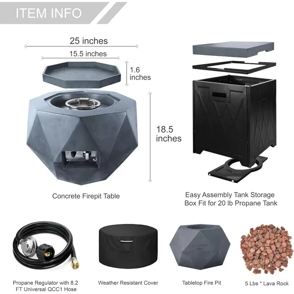 Kante 25 Inch Wide Round Biondo Concrete and Metal Outdoor Smokeless 50,000 BTU Propane Gas Fire Pit Table with Propane Tank Storage Box, Waterproof Cover and Lava Rocks 