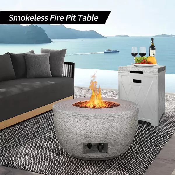 Kante 25 Inch Wide Round Biondo Concrete and Metal Outdoor Smokeless 50,000 BTU Propane Gas Fire Pit Table with Propane Tank Storage Box, Waterproof Cover and Lava Rocks 