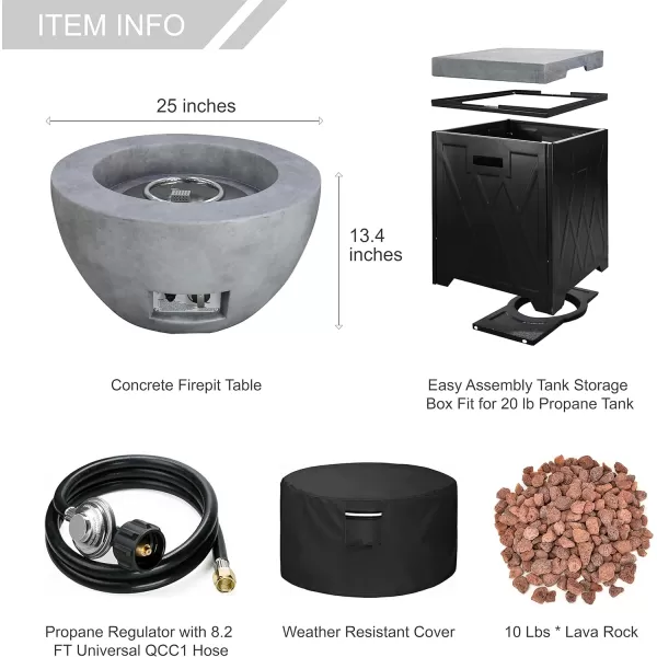 Kante 25 Inch Wide Round Biondo Concrete and Metal Outdoor Smokeless 50,000 BTU Propane Gas Fire Pit Table with Propane Tank Storage Box, Waterproof Cover and Lava Rocks 