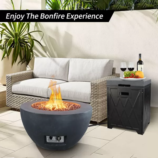 Kante 25 Inch Wide Round Biondo Concrete and Metal Outdoor Smokeless 50,000 BTU Propane Gas Fire Pit Table with Propane Tank Storage Box, Waterproof Cover and Lava Rocks 
