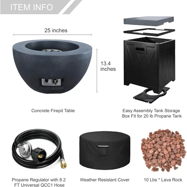Kante 25 Inch Wide Round Biondo Concrete and Metal Outdoor Smokeless 50,000 BTU Propane Gas Fire Pit Table with Propane Tank Storage Box, Waterproof Cover and Lava Rocks 