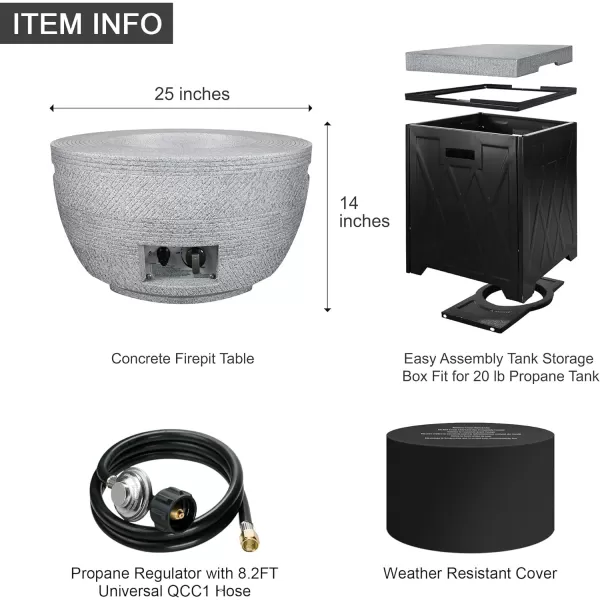 Kante 25 Inch Wide Round Texture Concrete and Metal Outdoor Eco-Friendly Smokeless 50,000 BTU Propane Gas Modern Fire Pit with Waterproof Cover,Biondo