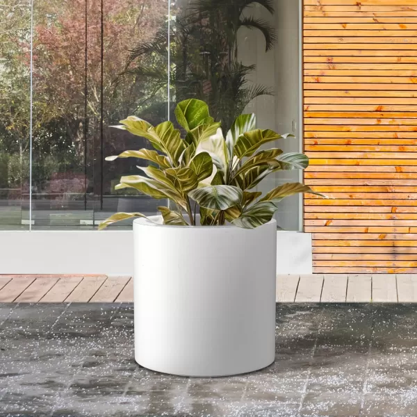 Kante 9.8" Dia Round Concrete Planter, Modern Style Large Cylindrical Plant Pot with Drainage Hole and Rubber Plug for Indoor Outdoor Patio, Pure White