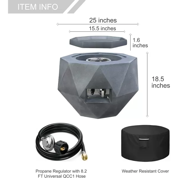Kante Concrete Propane Fire Pit Table, 50,000 BTU Geometric Table with Tray Style Lid for Outside Patio Garden Decor, 25'' D X 18.5'' H Smokeless Gas Pit, Come Dust Covers, Charcoal 