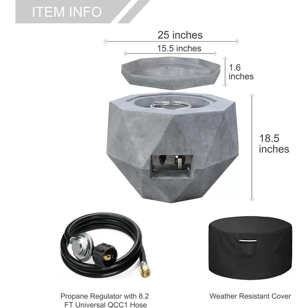 Kante Concrete Propane Fire Pit Table, 50,000 BTU Geometric Table with Tray Style Lid for Outside Patio Garden Decor, 25'' D X 18.5'' H Smokeless Gas Pit, Come Dust Covers, Charcoal 