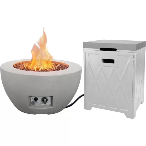 Kante 25 Inch Wide Round Biondo Concrete and Metal Outdoor Smokeless 50,000 BTU Propane Gas Fire Pit Table with Propane Tank Storage Box, Waterproof Cover and Lava Rocks 