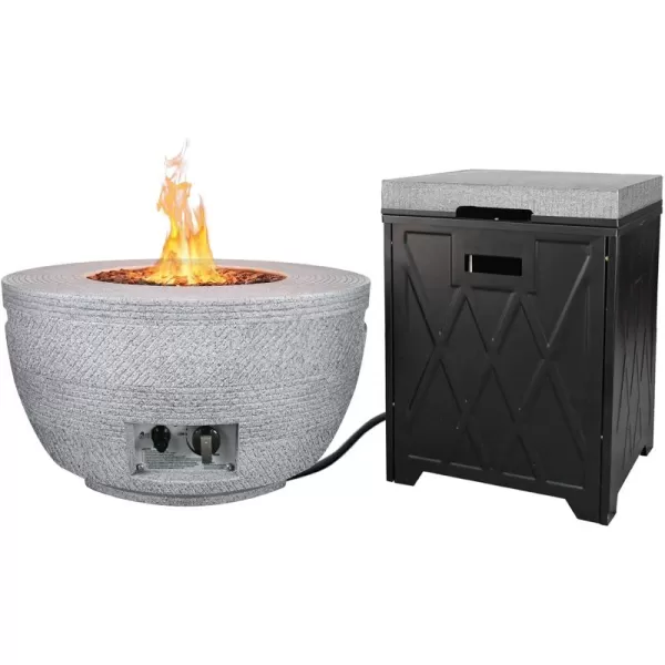 Kante 25 Inch Wide Round Biondo Concrete and Metal Outdoor Smokeless 50,000 BTU Propane Gas Fire Pit Table with Propane Tank Storage Box, Waterproof Cover and Lava Rocks 