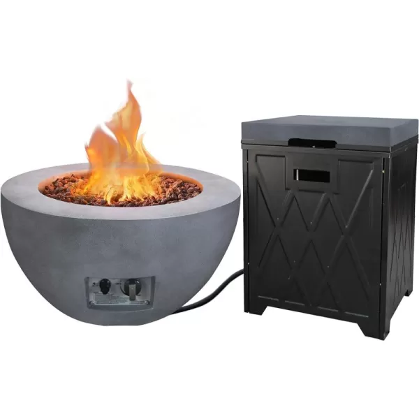 Kante 25 Inch Wide Round Biondo Concrete and Metal Outdoor Smokeless 50,000 BTU Propane Gas Fire Pit Table with Propane Tank Storage Box, Waterproof Cover and Lava Rocks 