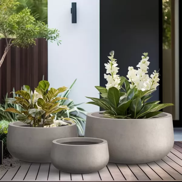 imageKante 196quot157quot118quot Dia Round Concrete Planters Set of 3 Outdoor Indoor Garden Plant Pots with Drainage Hole and Rubber Plug Modern Curvaceous Design Pure WhiteWeathered Concrete