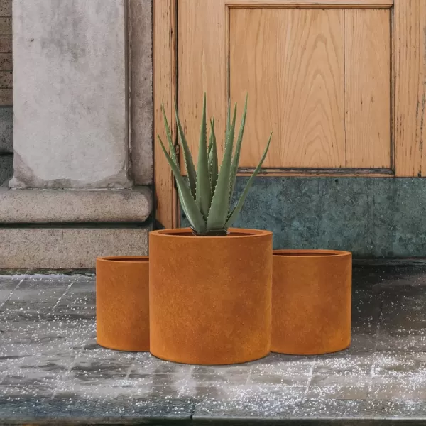 imageKante RC0119ABCC80011 Set of 3 Lightweight Concrete Modern Cylinder Outdoor Planters 158 129 and 98 Inch Diameter Pure WhiteFaux Rusty Metal