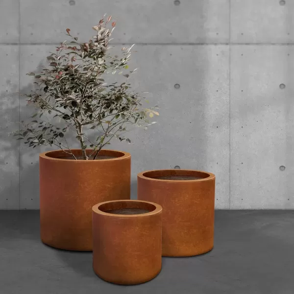 imageKante RC0119ABCC80011 Set of 3 Lightweight Concrete Modern Cylinder Outdoor Planters 158 129 and 98 Inch Diameter Pure WhiteIron Oxide