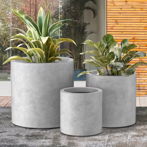 imageKante RC0119ABCC80011 Set of 3 Lightweight Concrete Modern Cylinder Outdoor Planters 158 129 and 98 Inch Diameter Pure WhiteNatural Concrete
