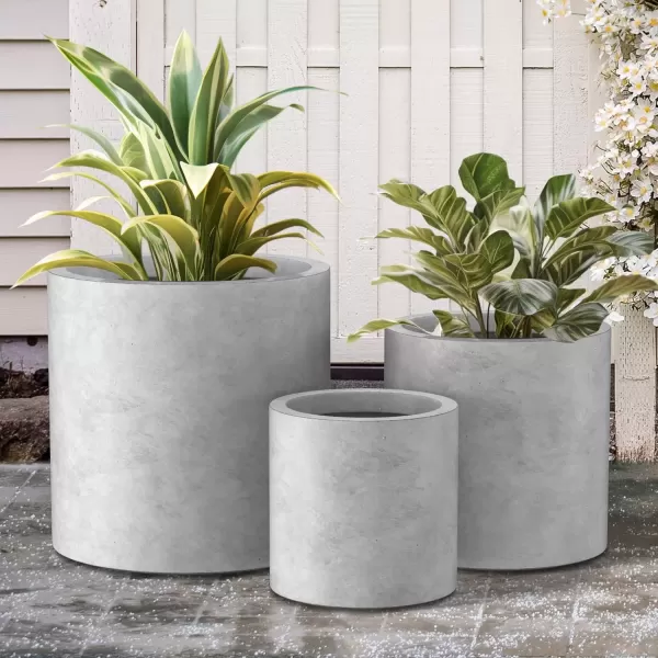 imageKante RC0119ABCC80011 Set of 3 Lightweight Concrete Modern Cylinder Outdoor Planters 158 129 and 98 Inch Diameter Pure WhiteNatural Concrete