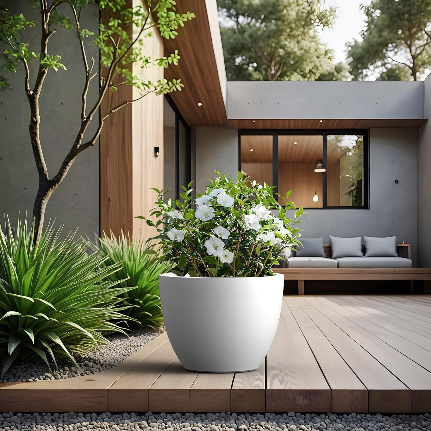 imageKante 142 Inch Round Concrete Planter  Classic Large IndoorOutdoor Plant Pot with Drainage Hole and Rubber Plug Suitable for Gardens and Patios White Finish with Aqua Blue InteriorWhite With Blue Interior