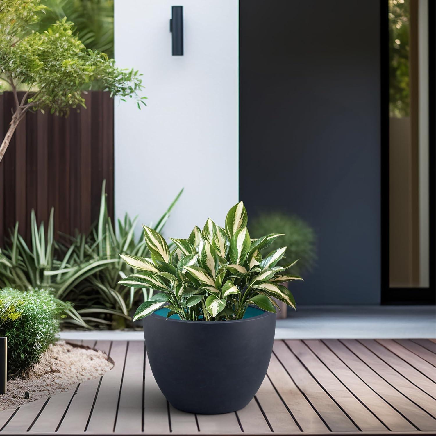 imageKante 142 Inch Round Concrete Planter  Classic Large IndoorOutdoor Plant Pot with Drainage Hole and Rubber Plug Suitable for Gardens and Patios White Finish with Aqua Blue InteriorCharcoal With Green Interior