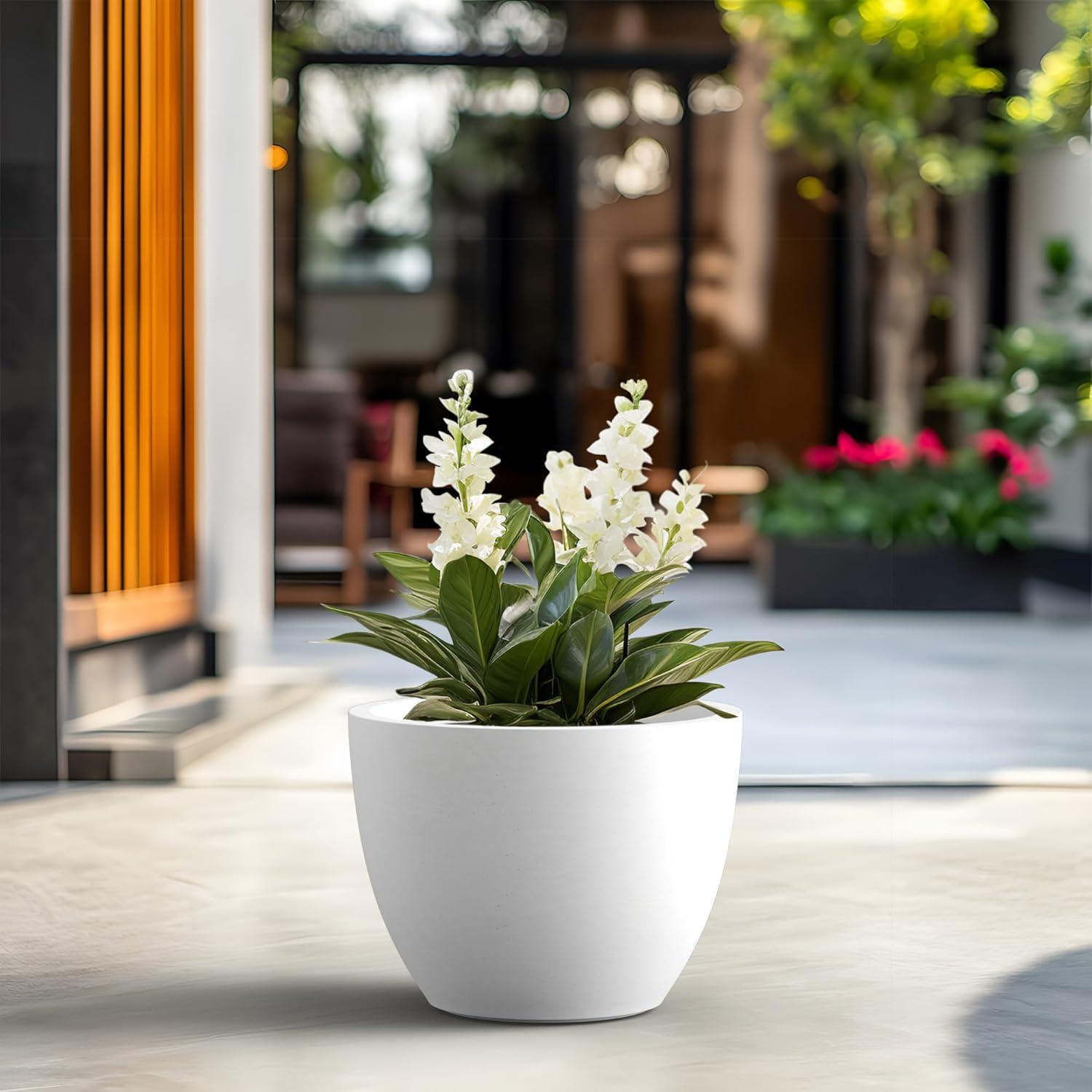 imageKante 142 Inch Round Concrete Planter  Classic Large IndoorOutdoor Plant Pot with Drainage Hole and Rubber Plug Suitable for Gardens and Patios White Finish with Aqua Blue InteriorWhite With Blue Interior