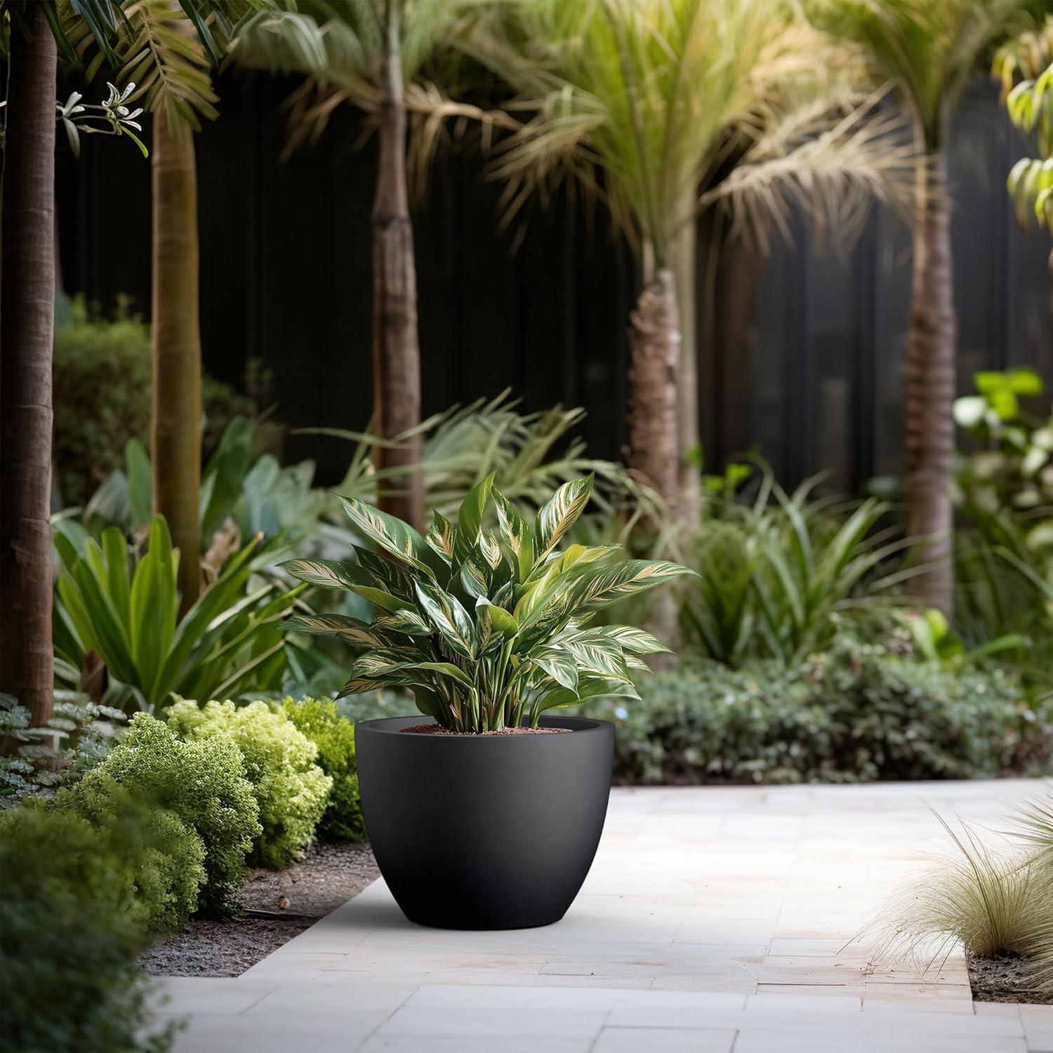 imageKante 142 Inch Round Concrete Planter  Classic Large IndoorOutdoor Plant Pot with Drainage Hole and Rubber Plug Suitable for Gardens and Patios White Finish with Aqua Blue InteriorBlack