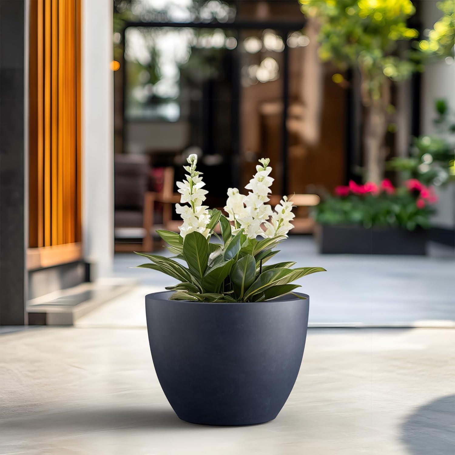 imageKante 142 Inch Round Concrete Planter  Classic Large IndoorOutdoor Plant Pot with Drainage Hole and Rubber Plug Suitable for Gardens and Patios White Finish with Aqua Blue InteriorCharcoal With Green Interior