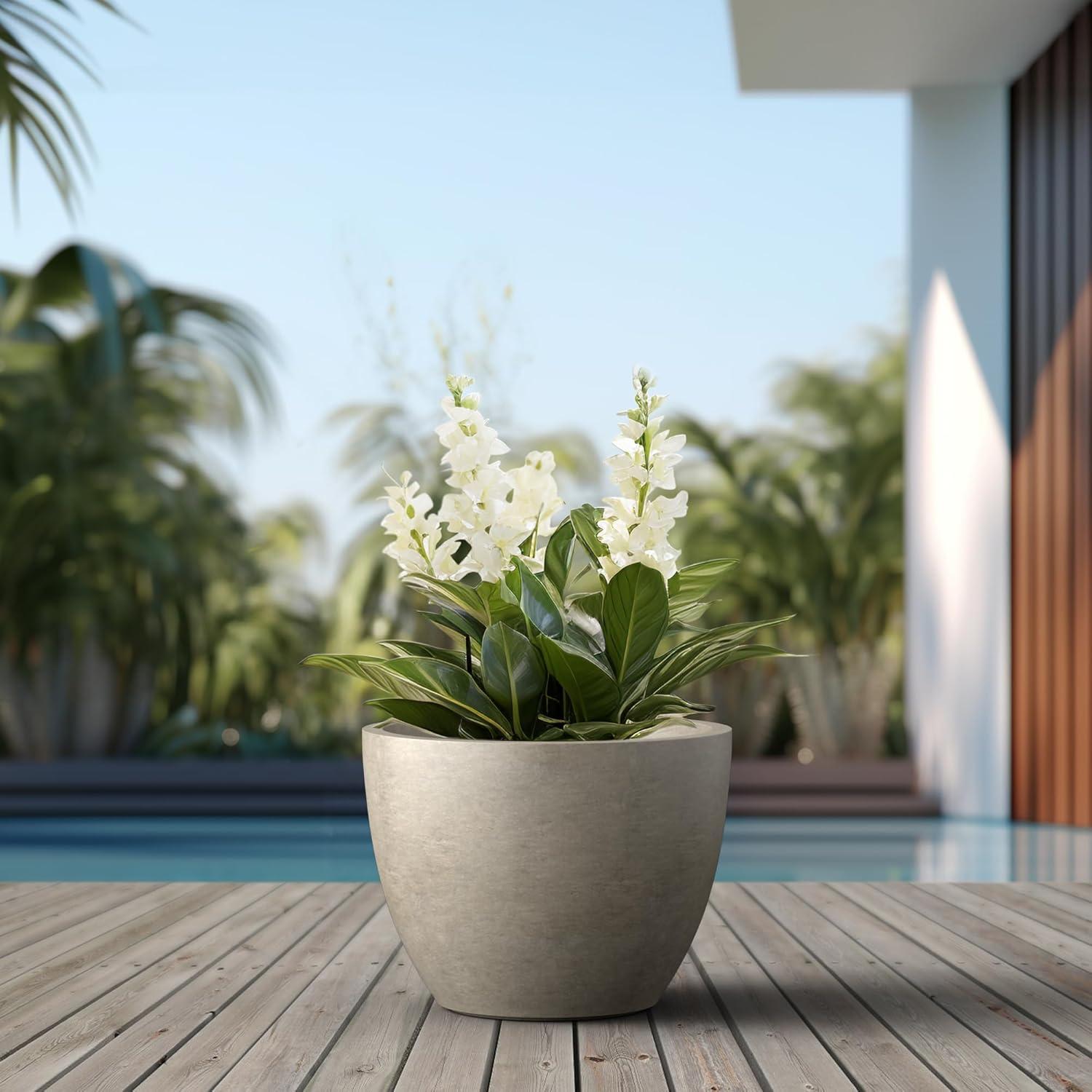 imageKante 142 Inch Round Concrete Planter  Classic Large IndoorOutdoor Plant Pot with Drainage Hole and Rubber Plug Suitable for Gardens and Patios White Finish with Aqua Blue InteriorWeathered Concrete