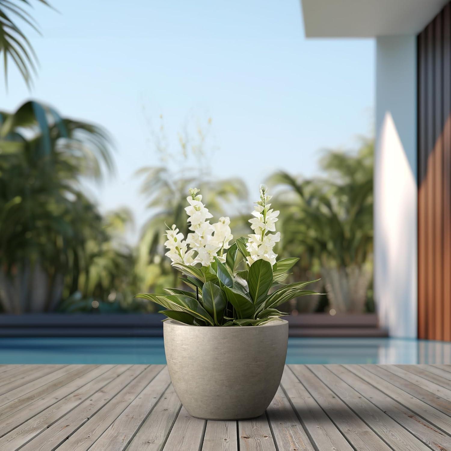 imageKante 142 Inch Round Concrete Planter  Classic Large IndoorOutdoor Plant Pot with Drainage Hole and Rubber Plug Suitable for Gardens and Patios White Finish with Aqua Blue InteriorWeathered Concrete With Green Interior