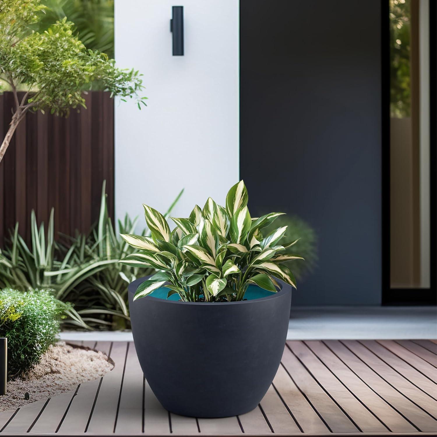 imageKante 142 Inch Round Concrete Planter  Classic Large IndoorOutdoor Plant Pot with Drainage Hole and Rubber Plug Suitable for Gardens and Patios White Finish with Aqua Blue InteriorCharcoal With Green Interior