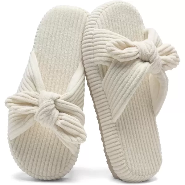 imageWateLves Cute Bow Slippers for Women Memory Foam Corduroy Open Toe Slide Slippers Ladies Cross Band House Shoes for Indoor OutdoorBeige