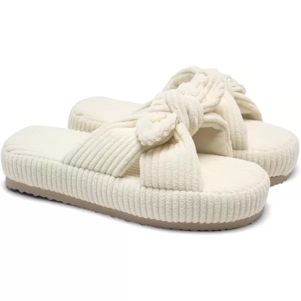 imageWateLves Cute Bow Slippers for Women Memory Foam Corduroy Open Toe Slide Slippers Ladies Cross Band House Shoes for Indoor OutdoorBeige