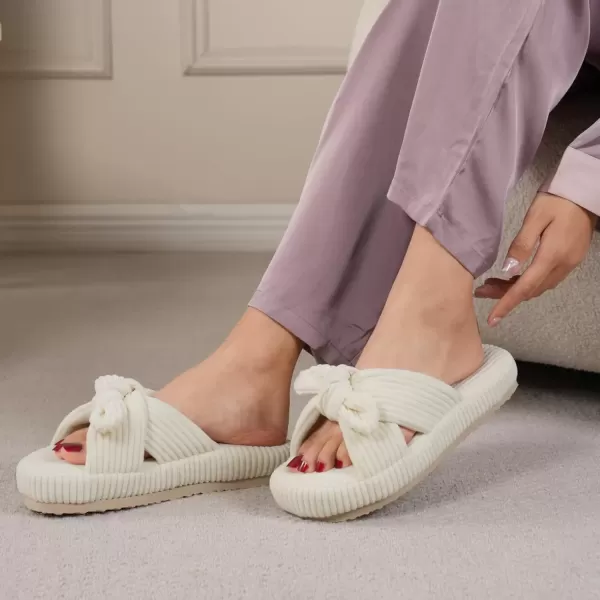 imageWateLves Cute Bow Slippers for Women Memory Foam Corduroy Open Toe Slide Slippers Ladies Cross Band House Shoes for Indoor OutdoorBeige