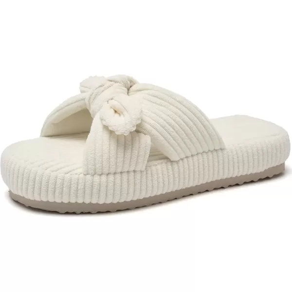 imageWateLves Cute Bow Slippers for Women Memory Foam Corduroy Open Toe Slide Slippers Ladies Cross Band House Shoes for Indoor OutdoorBeige