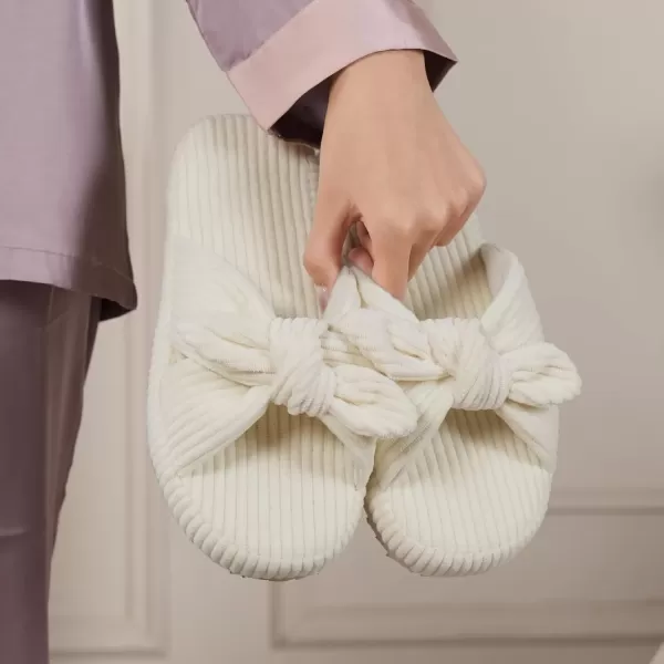 imageWateLves Cute Bow Slippers for Women Memory Foam Corduroy Open Toe Slide Slippers Ladies Cross Band House Shoes for Indoor OutdoorBeige